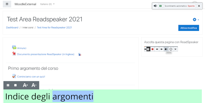 Screenshot dello strumento ReadSpeaker usato per la lettura della pagina Moodle di un corso